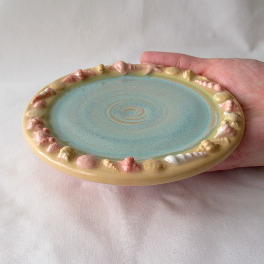 Wheel-thrown Decorative Plate Adorned with Agateware Seashells. Ceramic Pottery