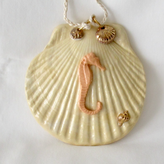 Handmade Seashell Pale Yellow Colored Porcelain Hanging Ornament. Ceramic Pottery.