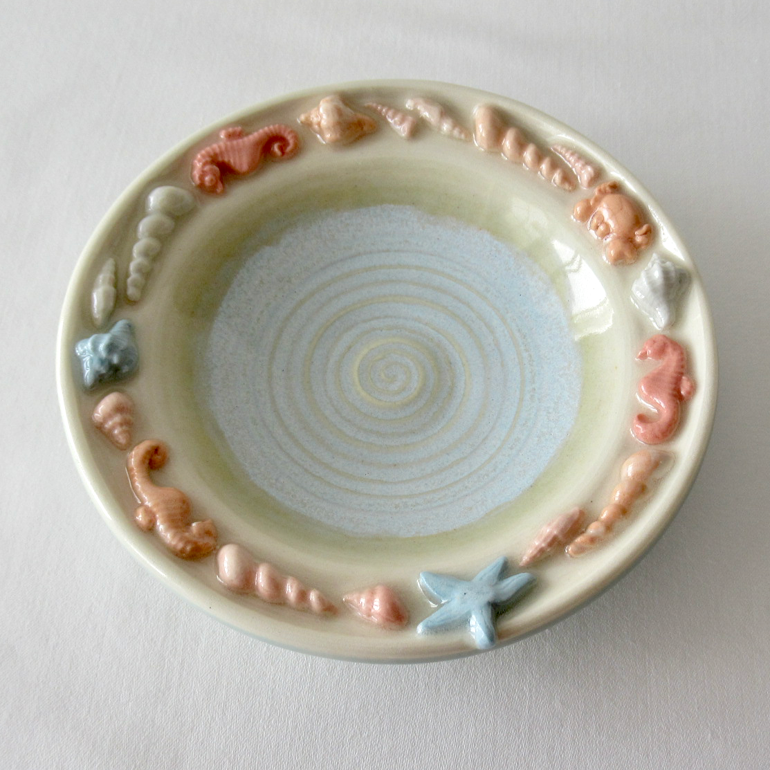 Handmade Agateware Seashells Colored Porcelain Pottery Shallow Bowl. Ceramic Pottery.