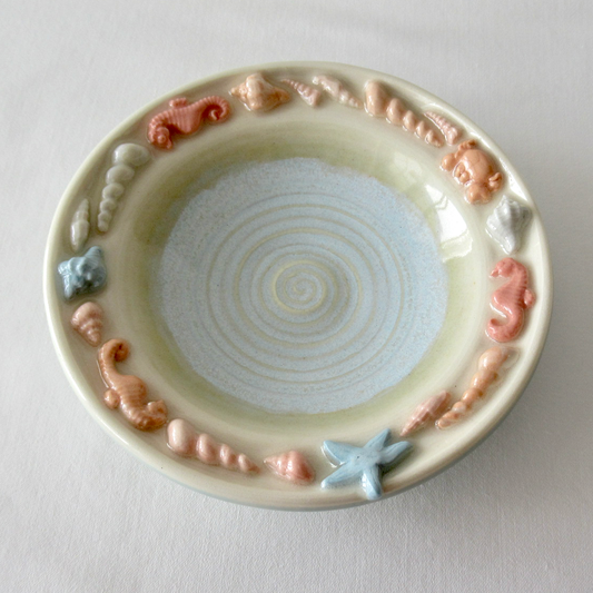 Handmade Agateware Seashells Colored Porcelain Pottery Shallow Bowl. Ceramic Pottery.