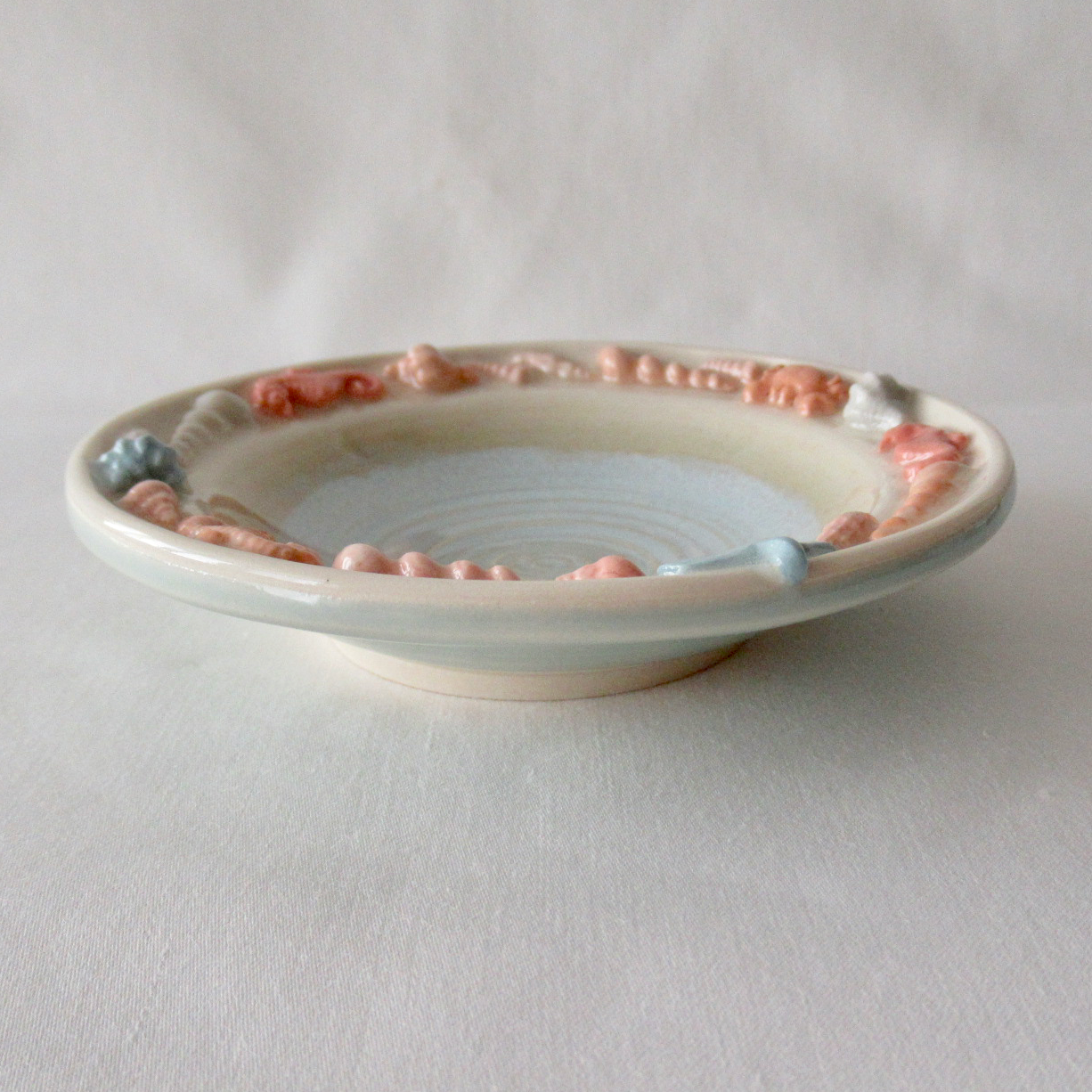 Handmade Agateware Seashells Colored Porcelain Pottery Shallow Bowl. Ceramic Pottery.