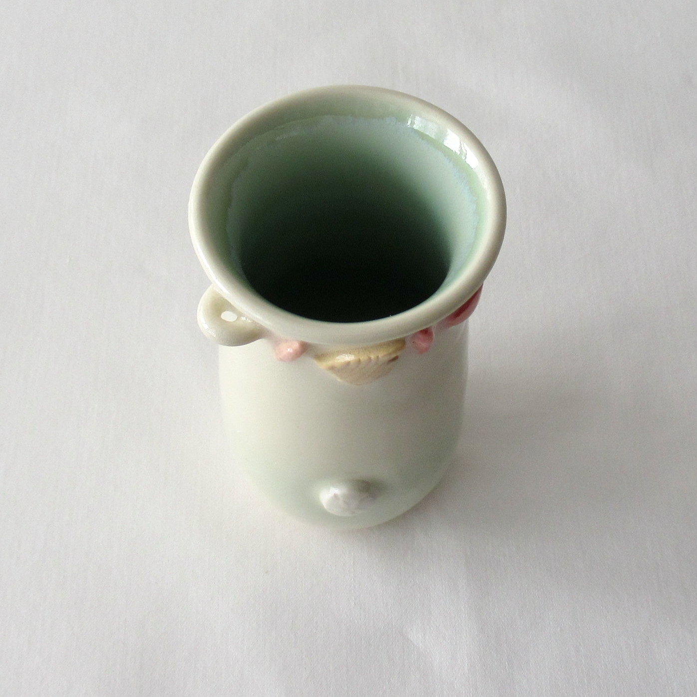 Handmade Bud Vase with Agateware Seashells and Hanging Fish Charm. Ceramic Pottery.
