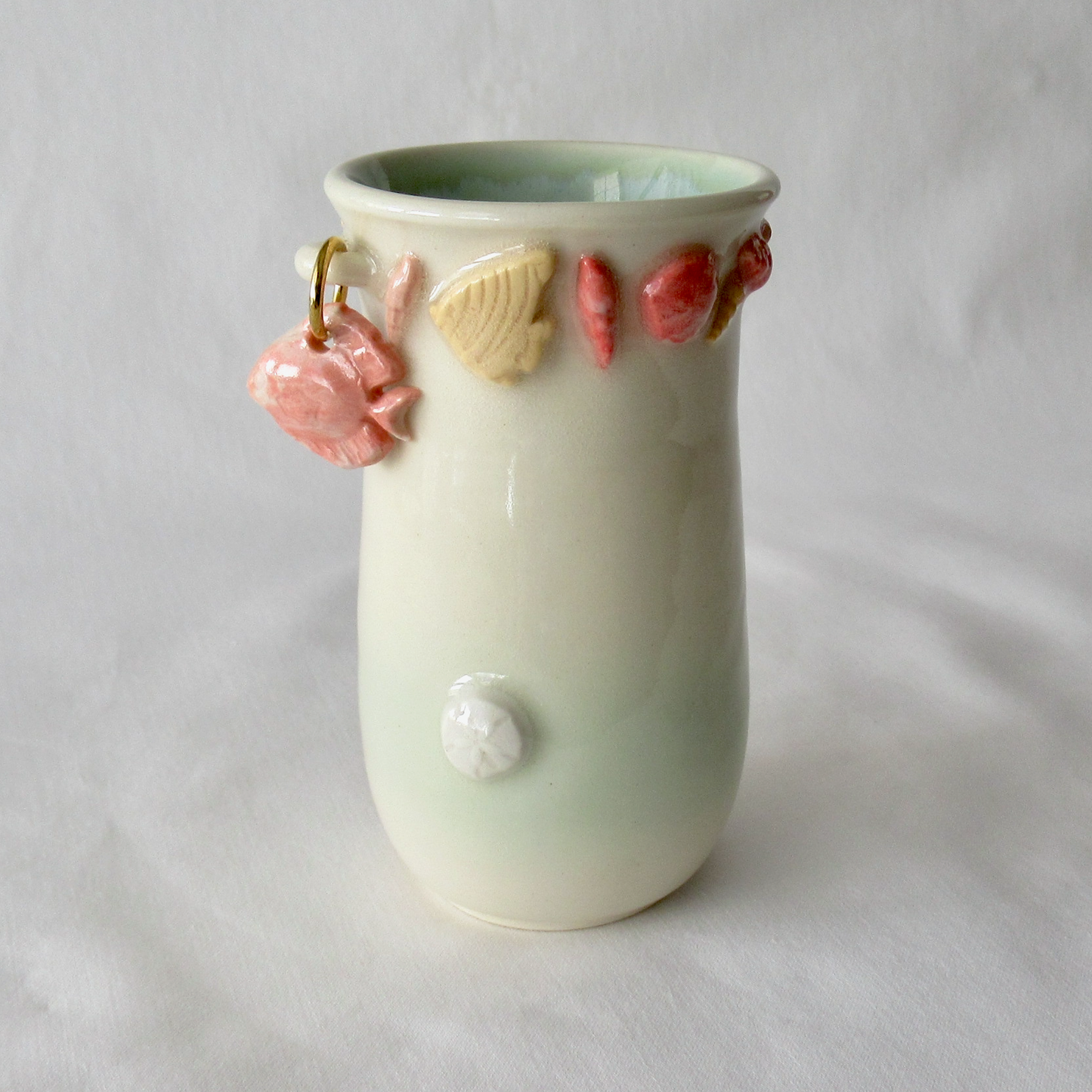 Handmade Bud Vase with Agateware Seashells and Hanging Fish Charm. Ceramic Pottery.