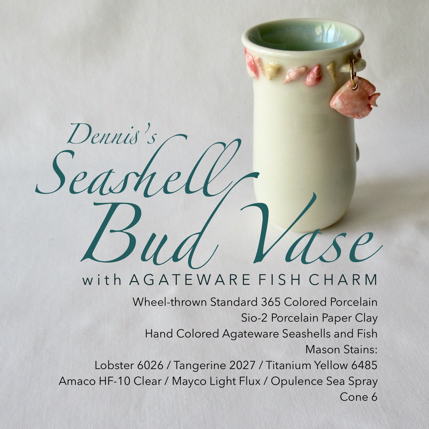Handmade Bud Vase with Agateware Seashells and Hanging Fish Charm. Ceramic Pottery.
