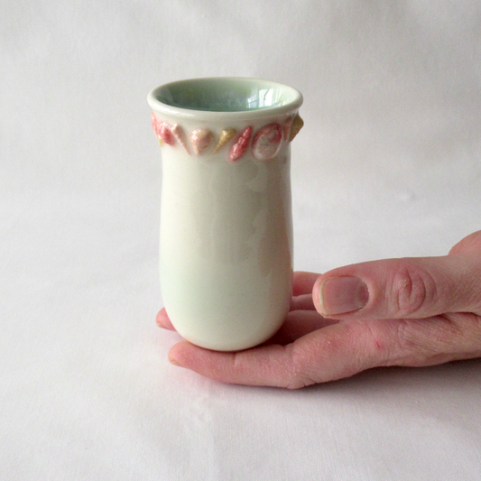 Handmade Bud Vase with Agateware Seashells and Hanging Fish Charm. Ceramic Pottery.
