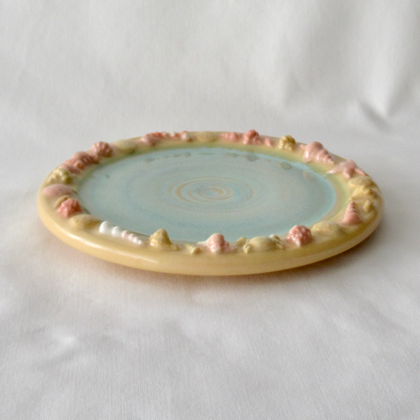 Wheel-thrown Decorative Plate Adorned with Agateware Seashells. Ceramic Pottery