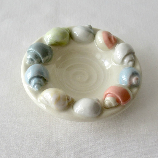 Handmade Small Trinket / Ring Bowl Adorned with Agateware Seashells. Ceramic Pottery.