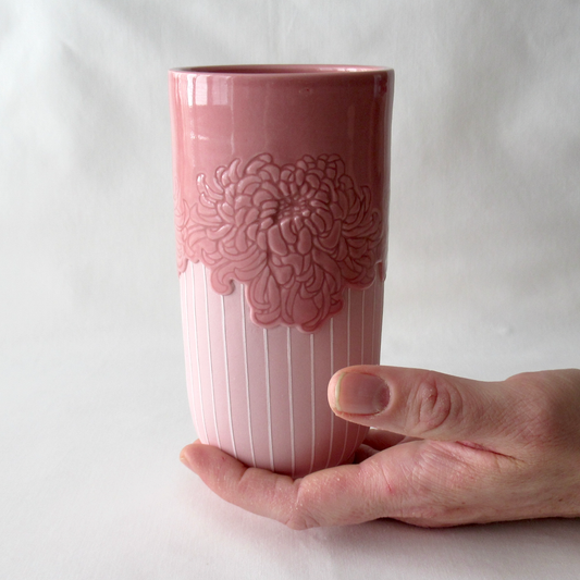 Engraved Spider Mum Colored Porcelain Vase. Handcrafted Ceramic Pottery.