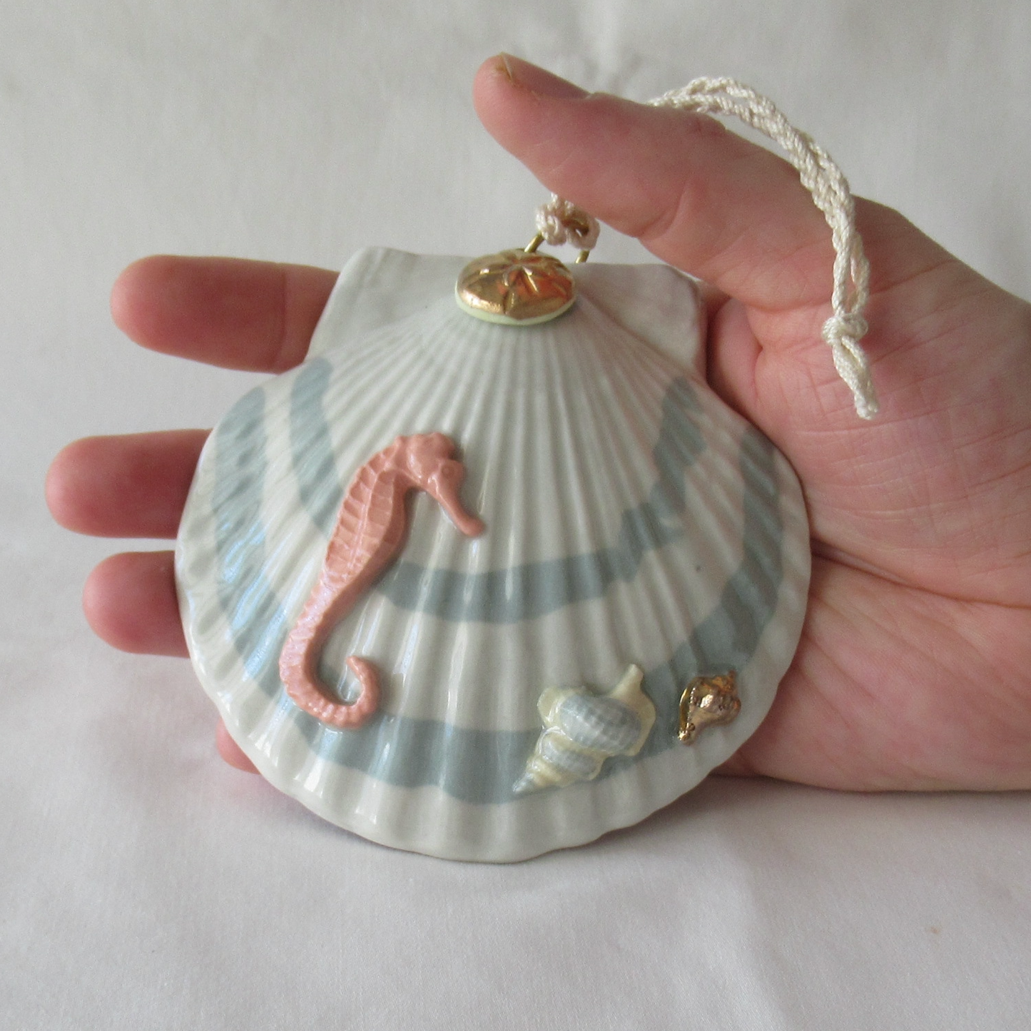 Handmade Seashell Teal Colored Porcelain Hanging Ornament. Ceramic Pottery.