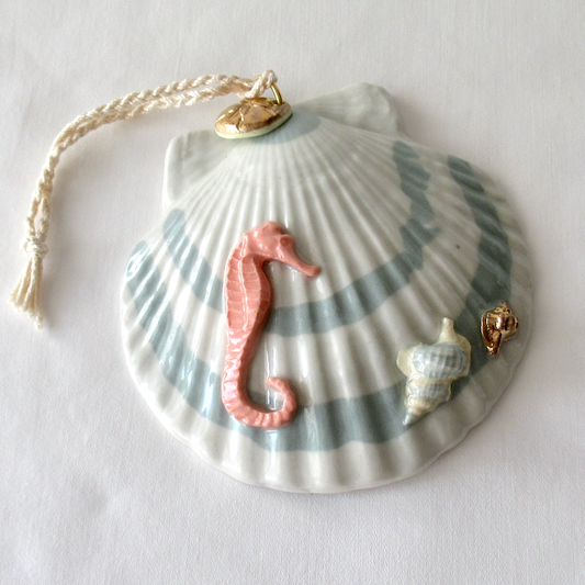 Handmade Seashell Teal Colored Porcelain Hanging Ornament. Ceramic Pottery.