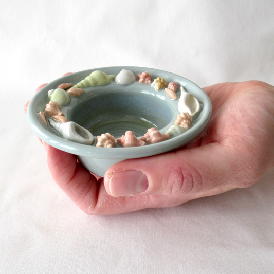Handmade Teal Colored Porcelain Small Seashell Bowl. Ceramic Pottery.