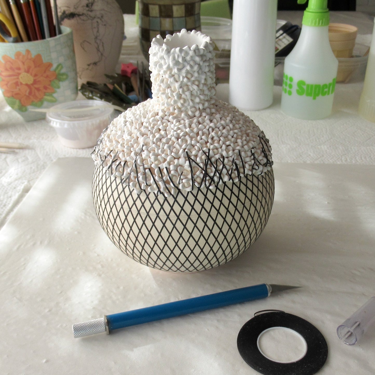 Handcrafted Pot Bellied Diamonds and Flowers Bud Vase