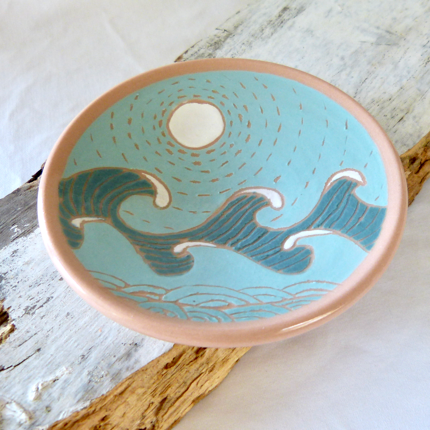 Colored Porcelain Clay Sgraffito "Waves" Shallow Bowl