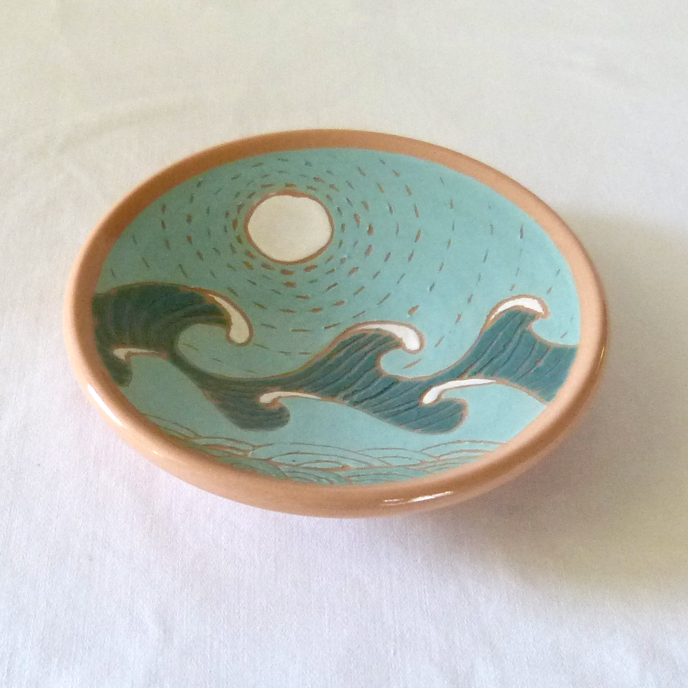 Colored Porcelain Clay Sgraffito "Waves" Shallow Bowl