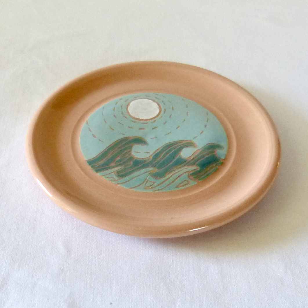 Colored Porcelain Sgraffito Waves Plate