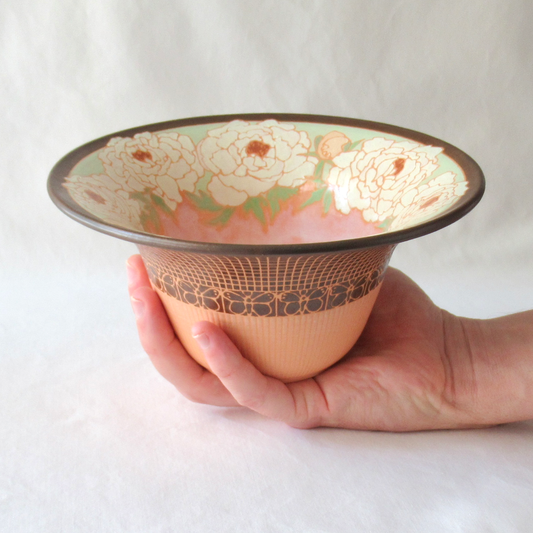 A Handcrafted Wraparound Peonies Wide Rimmed Bowl