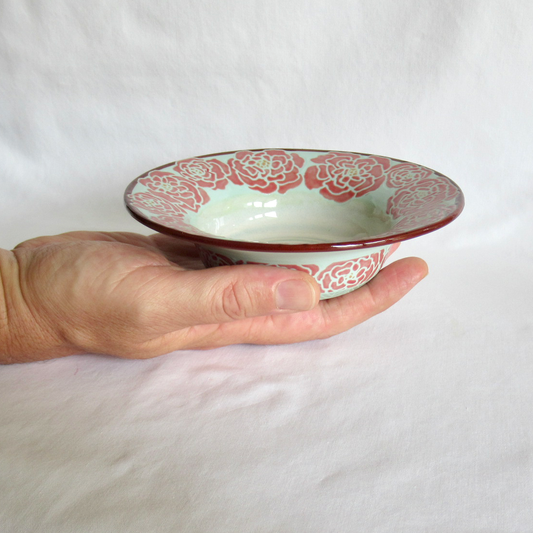 Handcrafted Turquoise Blue Porcelain Roses Wide Rimmed Shallow Bowl