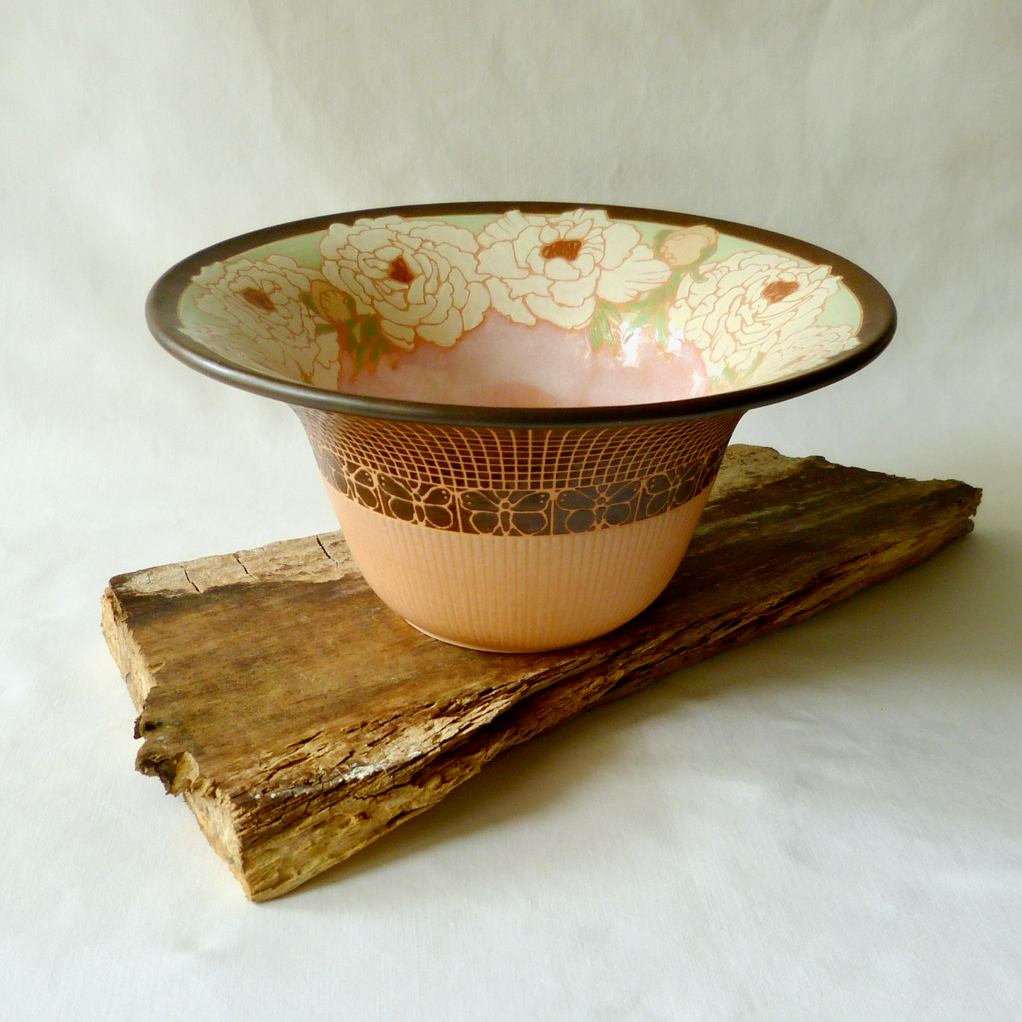 A Handcrafted Wraparound Peonies Wide Rimmed Bowl