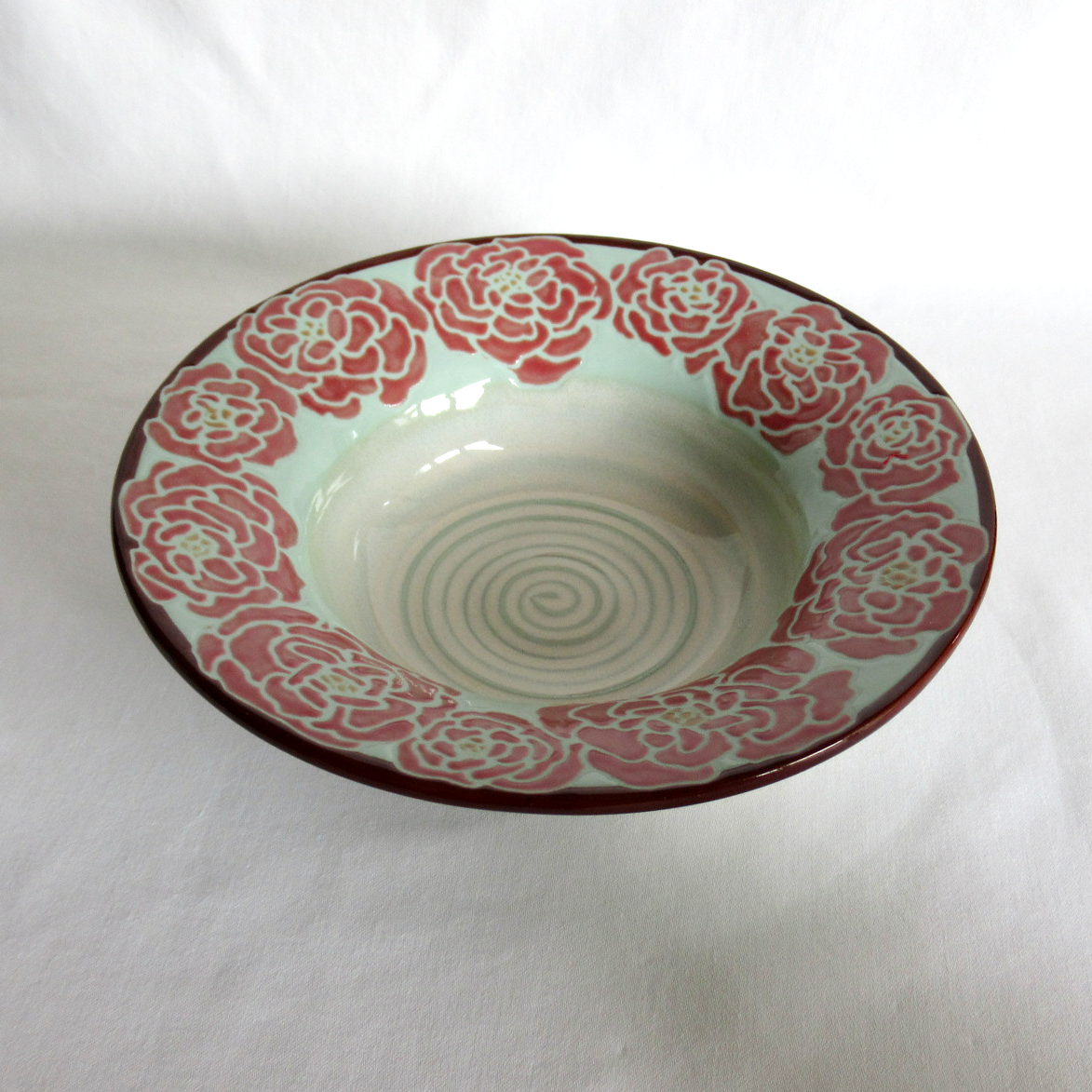 Handcrafted Turquoise Blue Porcelain Roses Wide Rimmed Shallow Bowl