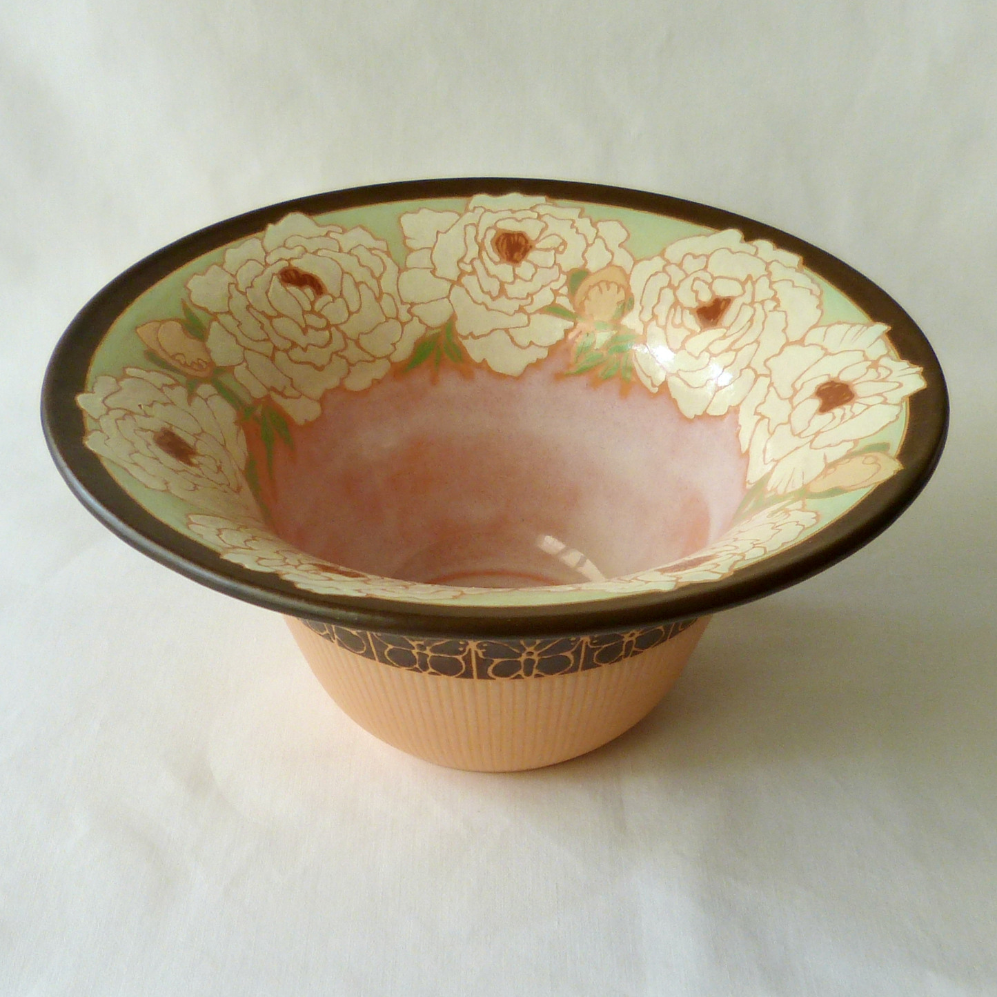 A Handcrafted Wraparound Peonies Wide Rimmed Bowl