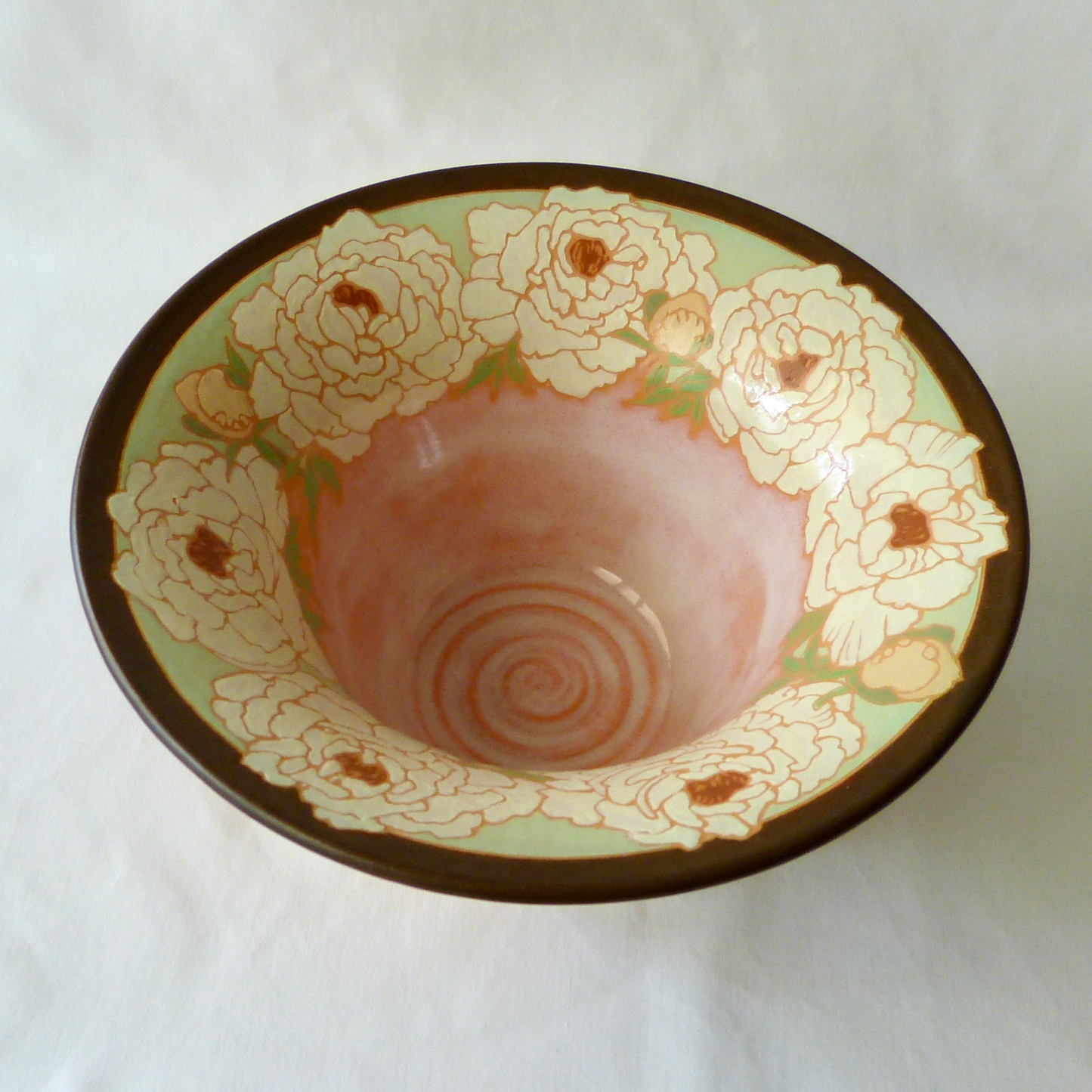 A Handcrafted Wraparound Peonies Wide Rimmed Bowl