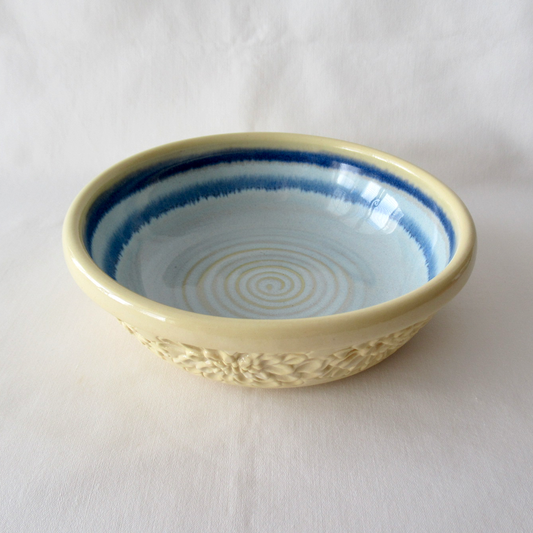 Handmade Carved Shallow Bowl. Colored Porcelain Bas-Relief Zinnia Flowers.