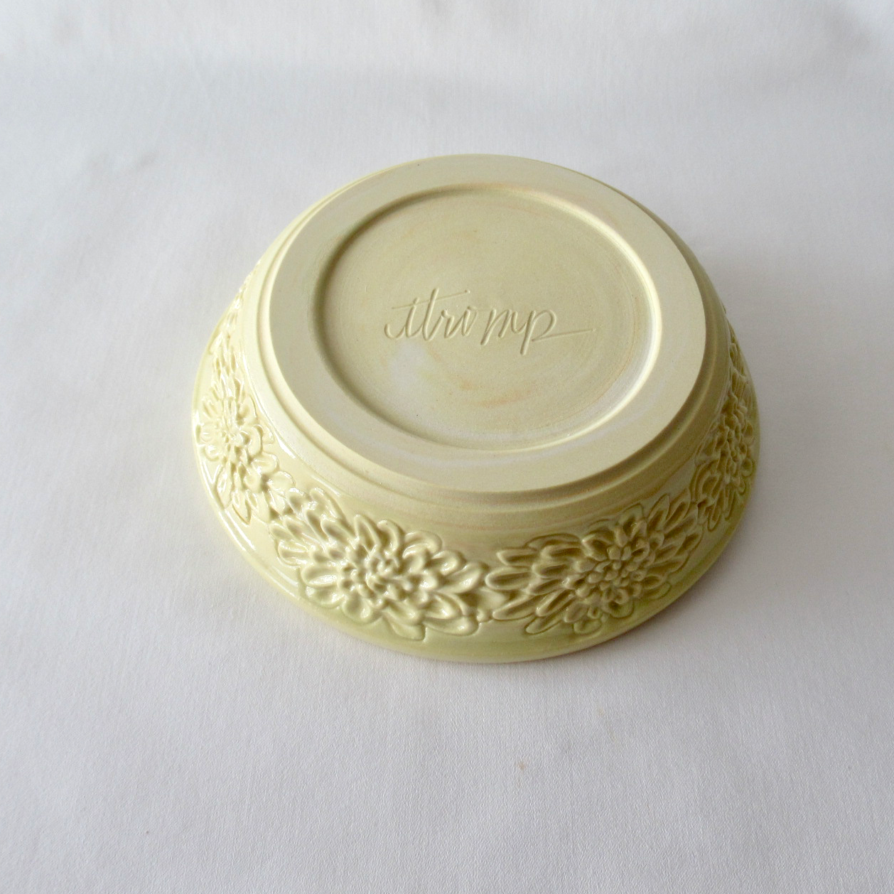 Handmade Carved Shallow Bowl. Colored Porcelain Bas-Relief Zinnia Flowers.