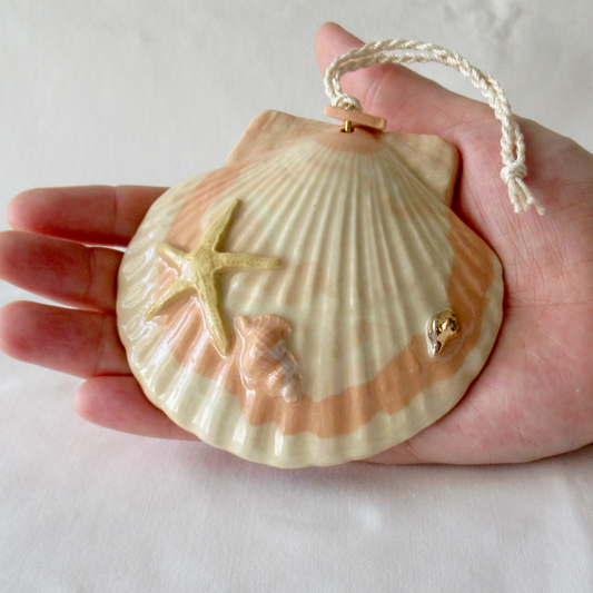 Handmade Seashell Apricot Colored Porcelain Hanging Ornament. Ceramic Pottery.