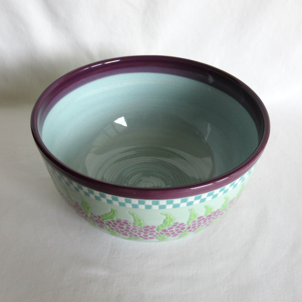 A Hand Drawn and Glazed Turquoise Porcelain American Beautyberry Bowl