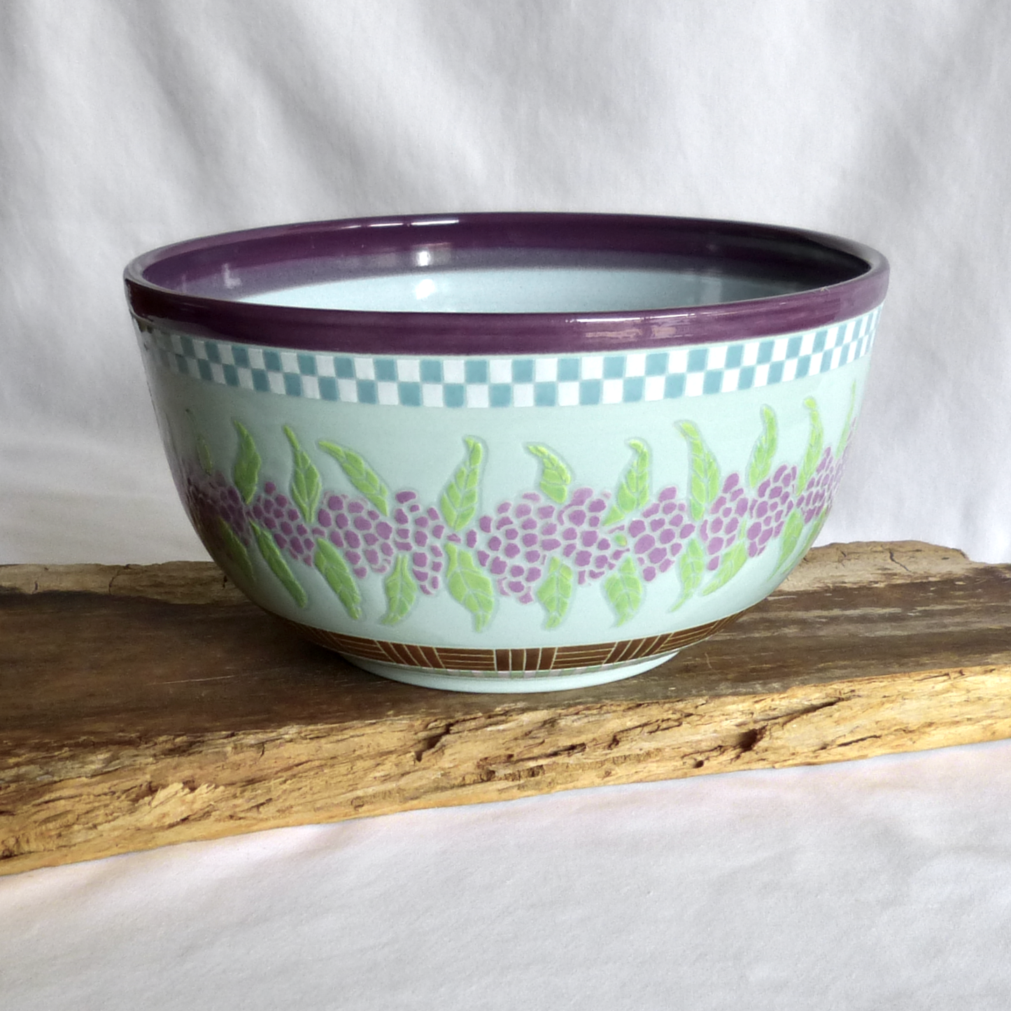 A Hand Drawn and Glazed Turquoise Porcelain American Beautyberry Bowl
