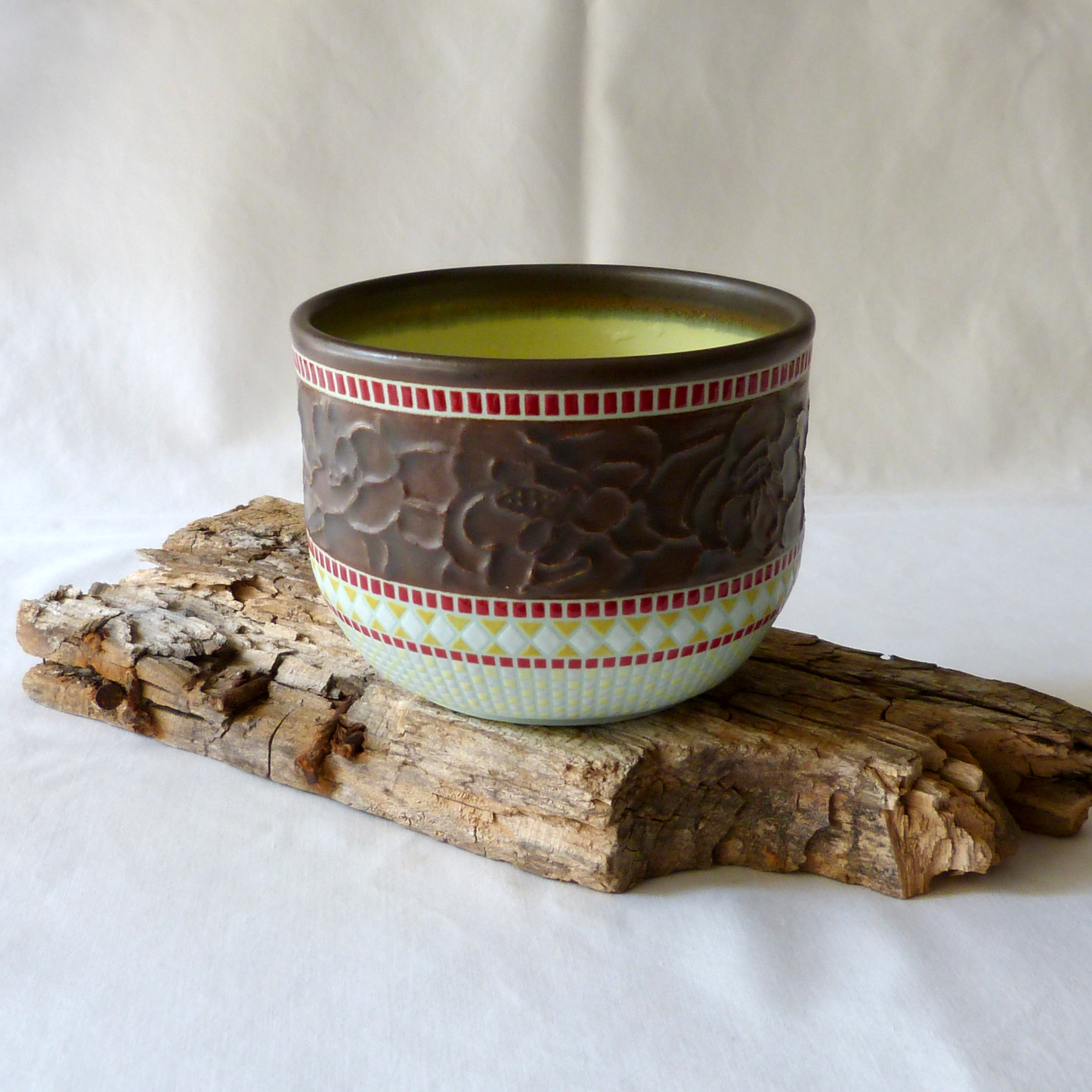 A Black Walnut Slip Trailed, Anomala Peony Cylindrical Bowl