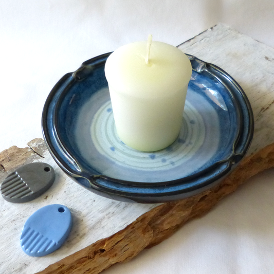 Wheel-thrown Dark Blue Colored Porcelain Ceramic Pottery Candle Plate.