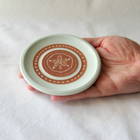 A Hand-drawn Wheel-thrown Sand Dollar and Polka Dot Sgraffito Plate