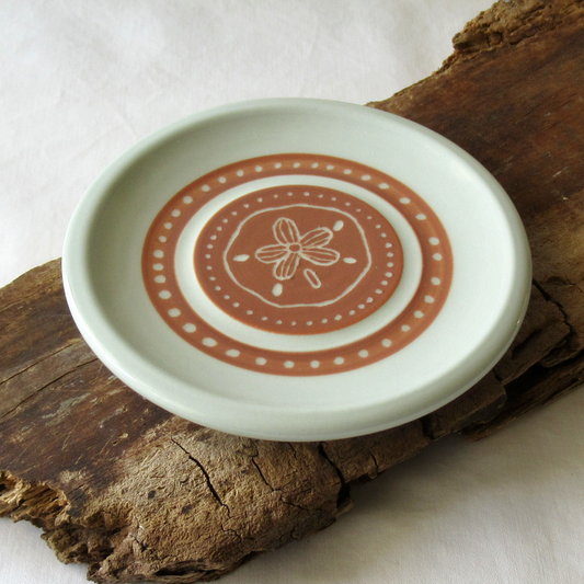 A Hand-drawn Wheel-thrown Sand Dollar and Polka Dot Sgraffito Plate
