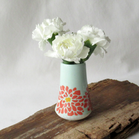 A Very Small Wheel-thrown Porcelain Bud Vase with Hand Glazed Zinnia Design