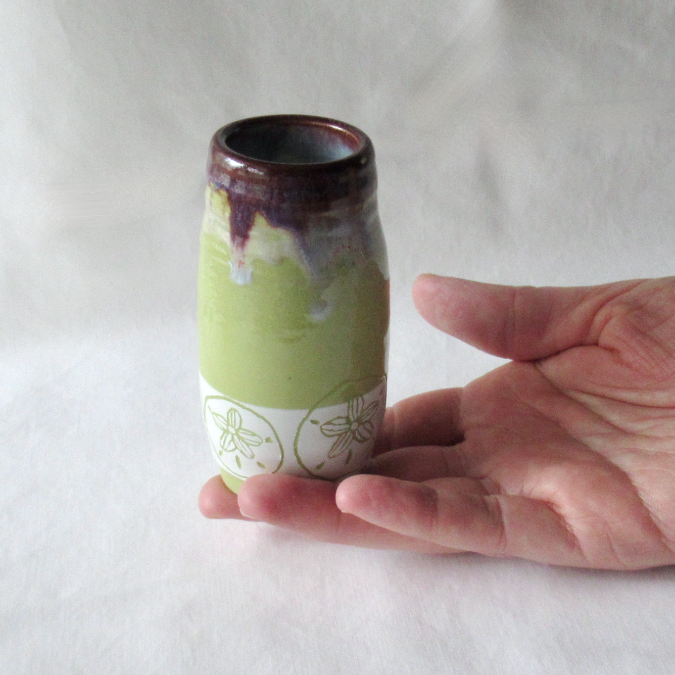 Chartreuse Sand Dollar Sgraffito Bud Vase