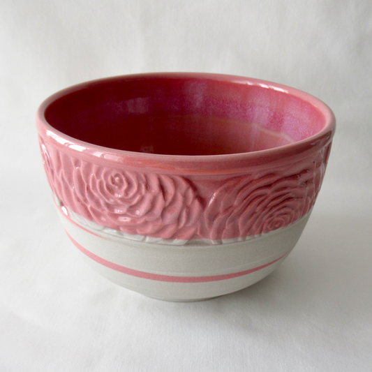 Handmade Camellia Bowl. Wheel-thrown, Hand Carved Neriage Technique. Ceramic Pottery.