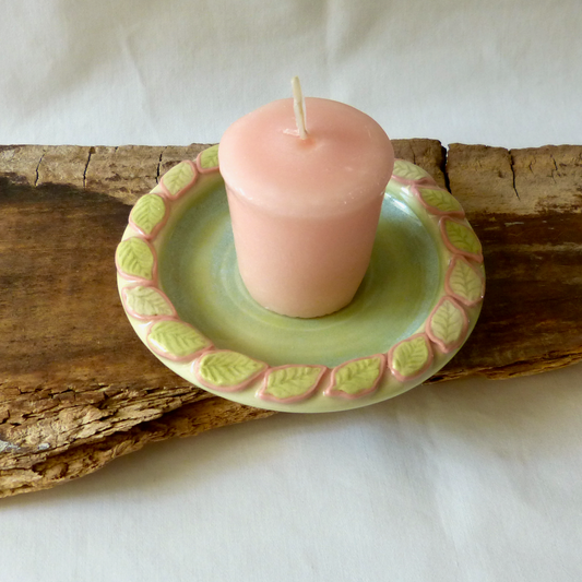 Handmade Colored Porcelain Candle Plate with Decorative Leaf Rim. Ceramic Pottery.