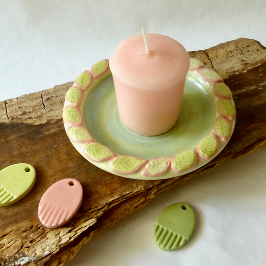 Handmade Colored Porcelain Candle Plate with Decorative Leaf Rim. Ceramic Pottery.