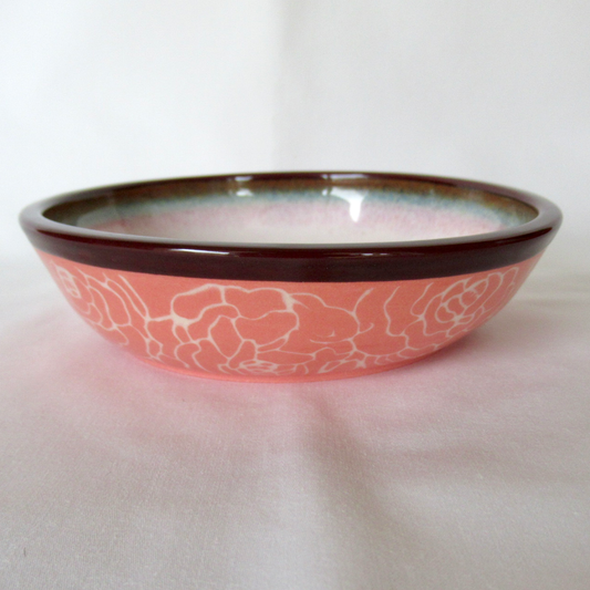 Wheel-thrown Ceramic Cat Bowl with Colored Porcelain Mishima Roses Inlay Technique. Whisker Friendly.