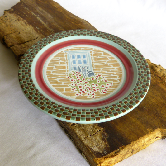 Handcrafted Cat at the Window Plate