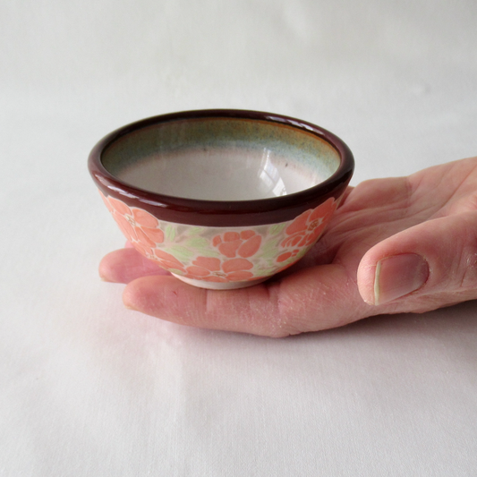 Hand-crafted Small Bowl. Wheel-thrown Quince Flowers Hand Painted with Underglazes.