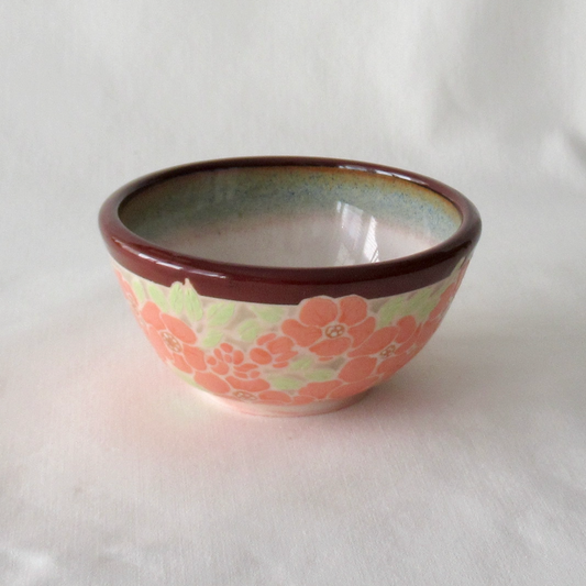 Hand-crafted Small Bowl. Wheel-thrown Quince Flowers Hand Painted with Underglazes.