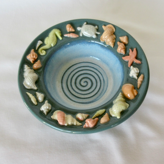 Handmade Dark Teal Colored Porcelain Seashell Trinket Bowl. Ceramic Pottery.