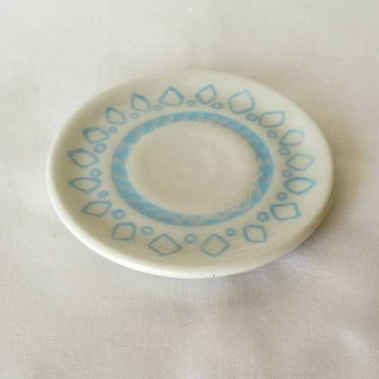 Mishima Plate. Handmade Small Blue and White Mishima Inlay Ring Plate. Ceramic Pottery.