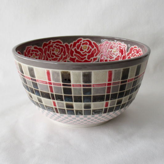 Black, Grey and Red Wheel-thrown Decorative Functional Bowl. Ceramic Pottery