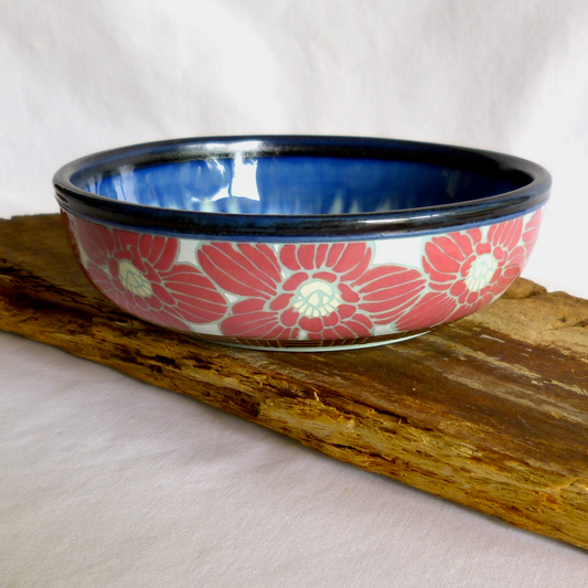 Handcrafted Shallow Bowl. Turquoise Blue Porcelain with Hand Drawn Hellebores.