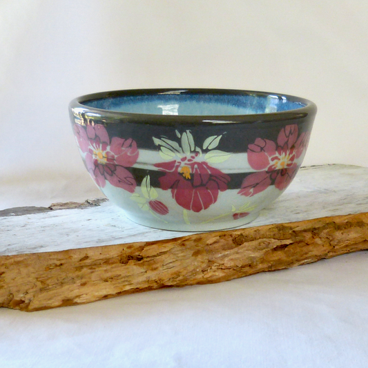 Light and Dark Gray Neriage Bowl with Pink Hand-Drawn and Glazed Hellebore Flowers