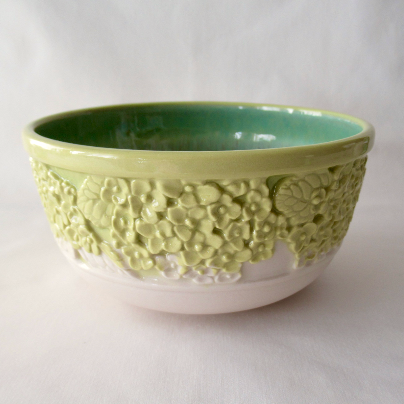 Handcrafted Lime Green Hydrangea Bowl. Wheel-thrown Neriage and Hand Carved Flowers. Ceramic Pottery.