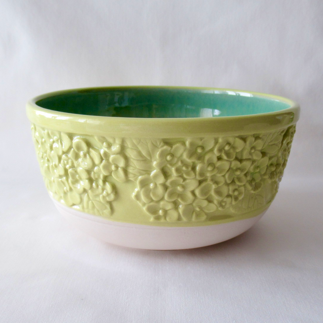 Handcrafted Lime Green Hydrangea Bowl. Wheel-thrown Neriage and Hand Carved Flowers. Ceramic Pottery.